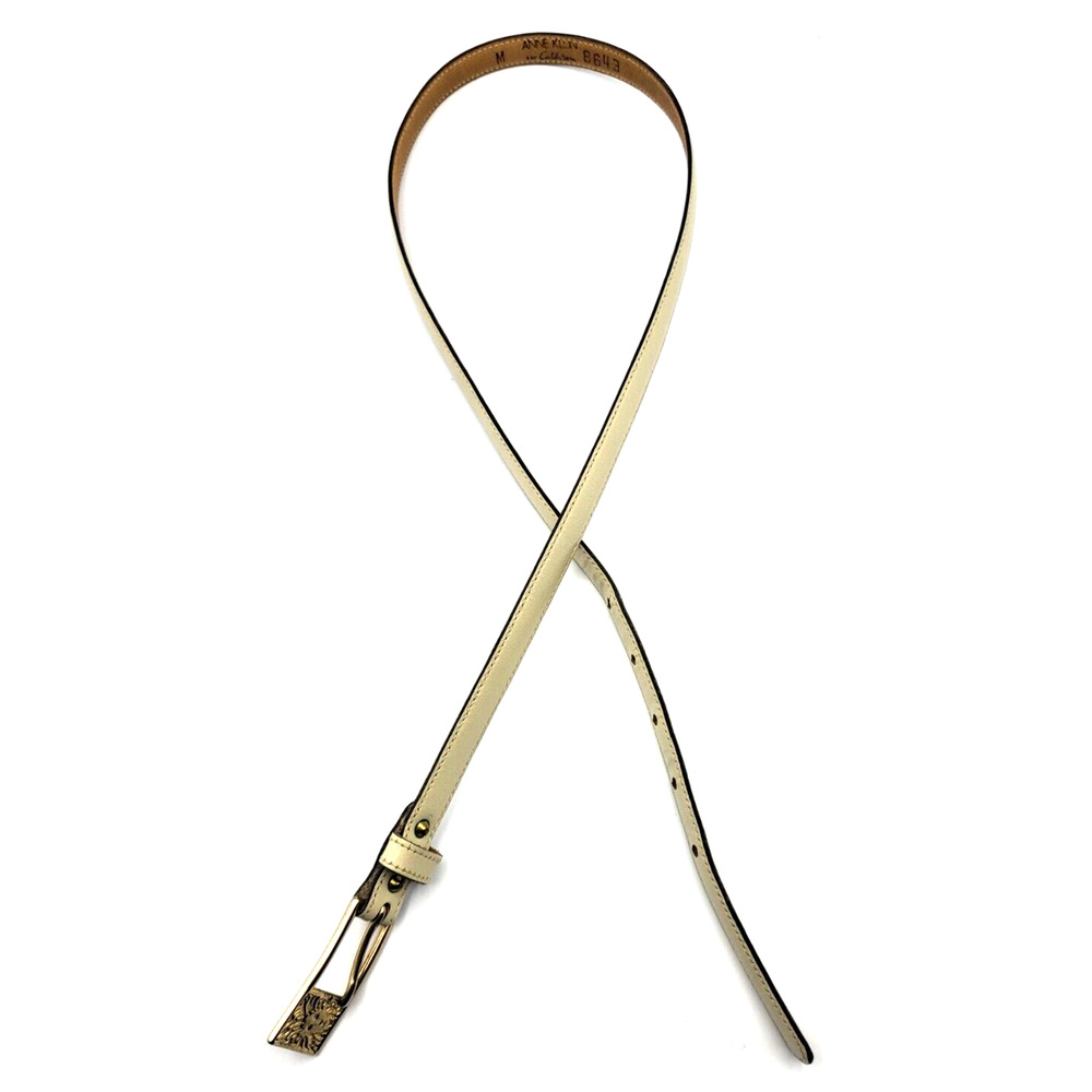 Vtg ANNE KLEIN Calderon Cream Leather Skinny Belt Gold Logo Buckle Sz M 32" YK